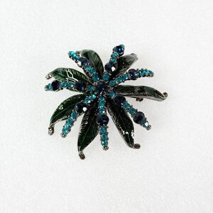 Vintage | Dark Blue Teal Dark Green Rhinestone Flower Brooch Pin